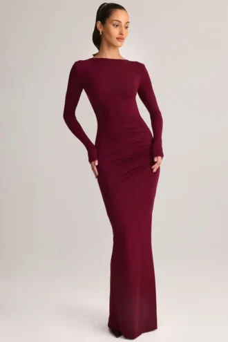 Robe longue dos nu froncée Regine en modal, couleur vin