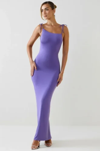 Robe longue dos nu à fronces Devika, couleur violet