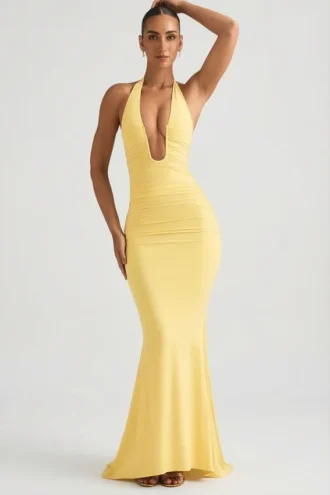 Robe longue dos nu à fronces et dos nu Laverna en jaune pastel