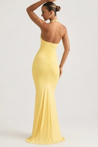 Robe longue dos nu à fronces et dos nu Laverna en jaune pastel