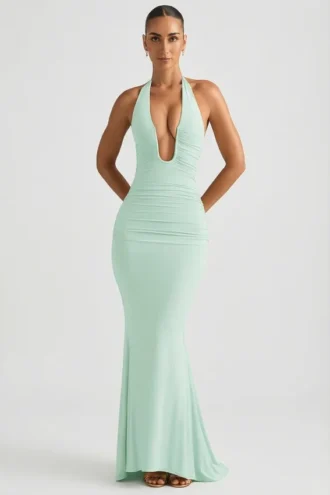 Robe longue dos nu à fronces Laverna, couleur menthe