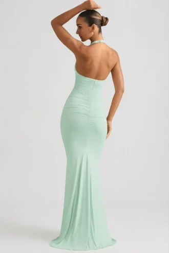 Robe longue dos nu à fronces Laverna, couleur menthe