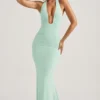 Robe longue dos nu à fronces Laverna, couleur menthe Robe longue dos nu à fronces Laverna, couleur menthe