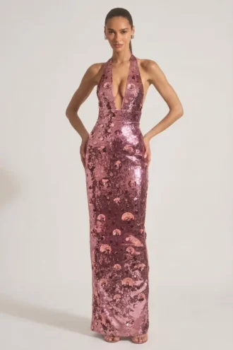 Robe longue à dos nu Nolira ornée de paillettes, couleur rose