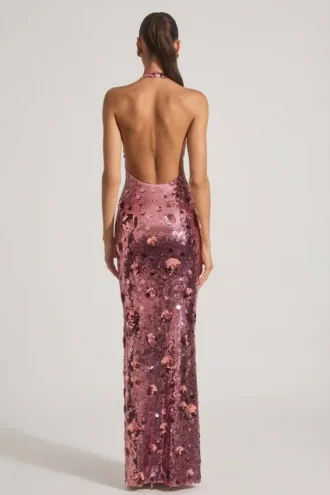 Robe longue à dos nu Nolira ornée de paillettes, couleur rose