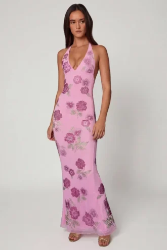 Robe longue à dos nu ornée Gyda, rose pâle