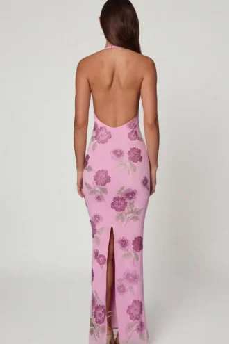 Robe longue à dos nu ornée Gyda, rose pâle