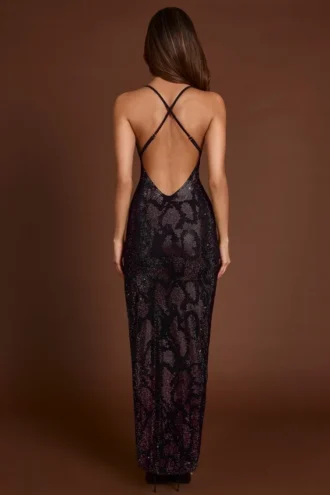 Robe longue à dos nu ornée « Luserna » en imprimé serpent violet