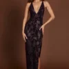 Robe longue à dos nu ornée « Luserna » en imprimé serpent violet