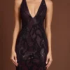 Robe longue à dos nu ornée « Luserna » en imprimé serpent violet