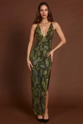 Robe longue à dos nu ornée Luserna en serpent vert