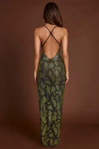 Robe longue à dos nu ornée Luserna en serpent vert