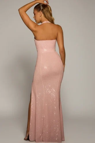 Robe longue à dos nu ornée Sansel, rose lavande