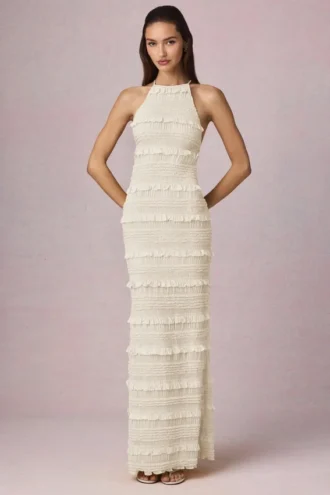 Robe longue dos nu à volants et col licou Tove, couleur ivoire