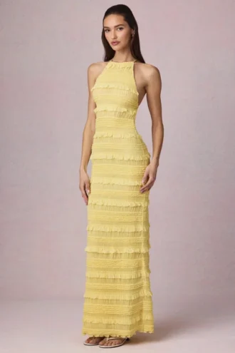 Robe longue dos nu à volants Tove, couleur jaune citron