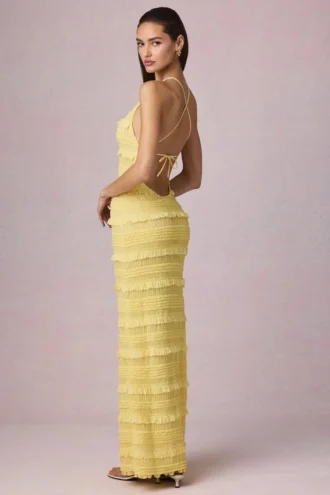 Robe longue dos nu à volants Tove, couleur jaune citron