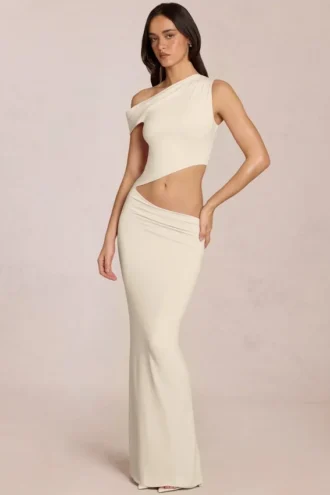 Robe longue drapée asymétrique Calisse en ivoire