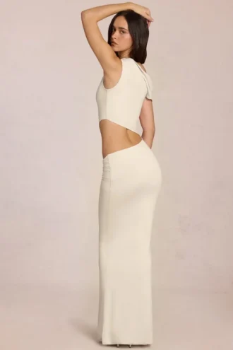 Robe longue drapée asymétrique Calisse en ivoire