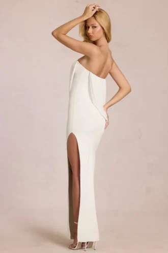 Robe longue drapée à bandeau Caliane, couleur ivoire