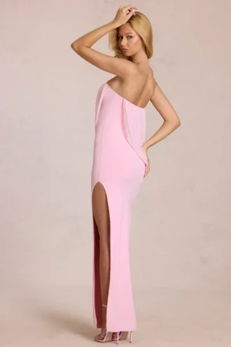 Robe longue drapée à bandeau Caliane en rose fleur