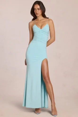 Robe longue Elanora à col en V profond, couleur aqua pâle