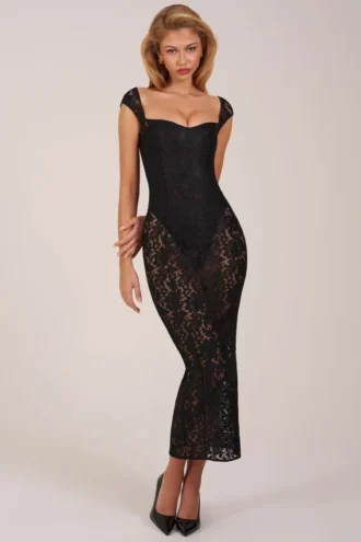 Robe longue Elisa à encolure en cœur, en noir
