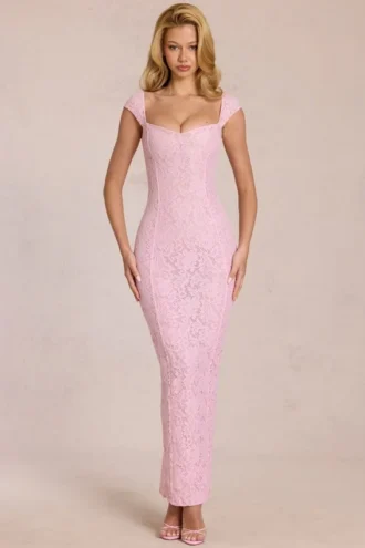 Robe longue Elisa à encolure en cœur, rose pâle