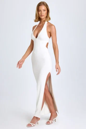 Robe longue Elisana à encolure dos nu et bordure en dentelle, en modal, couleur blanche