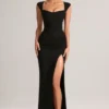 Robe longue Elva en modal, col en cœur et taille drapée, couleur noire Robe longue Elva en modal, col en cœur et taille drapée, couleur noire