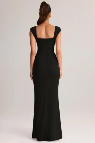 Robe longue Elva en modal, col en cœur et taille drapée, couleur noire