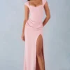 Robe longue Elva en modal, col en cœur et taille drapée, rose poudré Robe longue Elva en modal, col en cœur et taille drapée, rose poudré