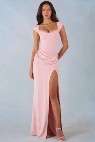 Robe longue Elva en modal, col en cœur et taille drapée, rose poudré