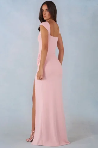 Robe longue Elva en modal, col en cœur et taille drapée, rose poudré