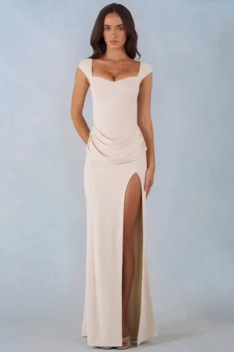 Robe longue Elva en modal à encolure en cœur et taille drapée, couleur ivoire