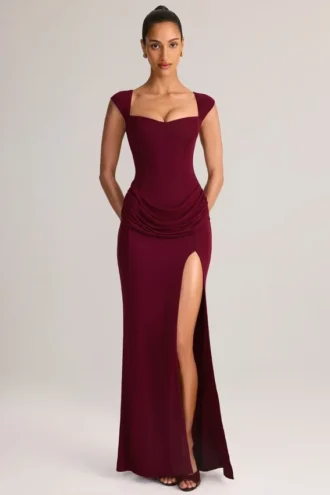 Robe longue Elva en modal à encolure en cœur et taille drapée, couleur vin