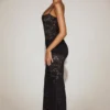 Robe longue en dentelle transparente à encolure carrée et fronces Wintra, couleur noire Robe longue en dentelle transparente à encolure carrée et fronces Wintra, couleur noire
