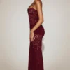 Robe longue en dentelle transparente à encolure carrée et fronces Wintra, couleur rouge vin Robe longue en dentelle transparente à encolure carrée et fronces Wintra, couleur rouge vin