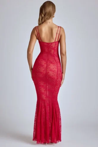 Robe longue en dentelle transparente à traîne en V, couleur rouge cerise