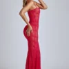 Robe longue en dentelle transparente à traîne en V, couleur rouge cerise Robe longue en dentelle transparente à traîne en V, couleur rouge cerise