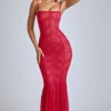 Robe longue en dentelle transparente à traîne en V, couleur rouge cerise Robe longue en dentelle transparente à traîne en V, couleur rouge cerise