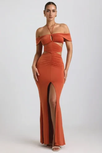 Robe longue en jersey fluide à découpes et dos nu Karleen, couleur orange brûlé