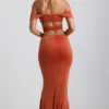 Robe longue en jersey fluide à découpes et dos nu Karleen, couleur orange brûlé Robe longue en jersey fluide à découpes et dos nu Karleen, couleur orange brûlé