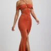 Robe longue en jersey fluide à découpes et dos nu Karleen, couleur orange brûlé Robe longue en jersey fluide à découpes et dos nu Karleen, couleur orange brûlé