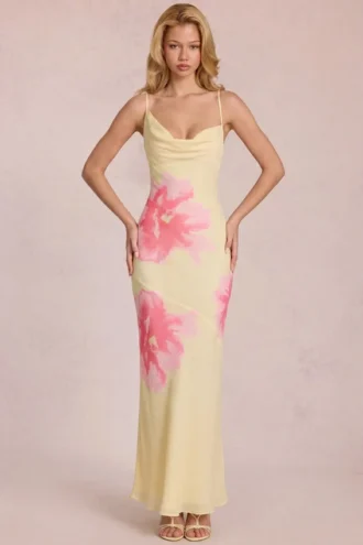 Robe longue en mousseline Fioren à imprimé floral jaune