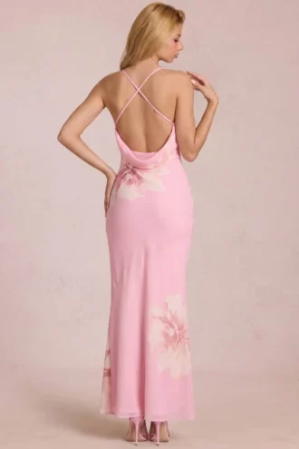 Robe longue en mousseline Fioren à imprimé floral rose