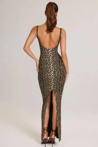 Robe longue à encolure carrée Soreia en modal, imprimé léopard