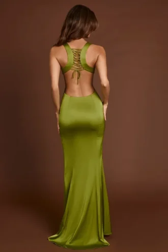 Robe longue à encolure dégagée et dos lacé Vittoria, vert olive