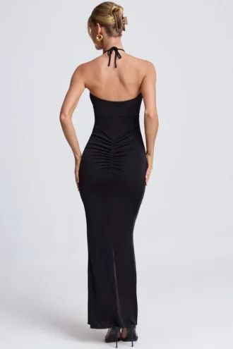 Robe longue à encolure dos nu et découpes Margot avec détails métalliques, en noir