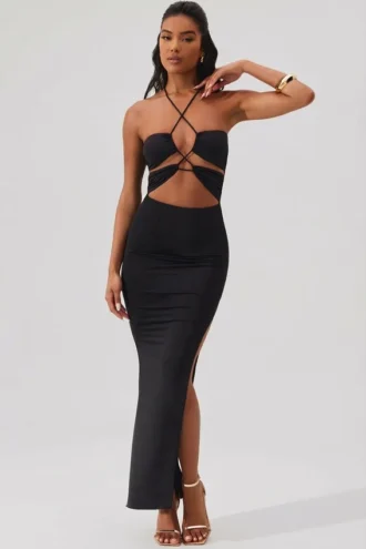 Robe longue à encolure dos nu et découpes Oceane, couleur noire