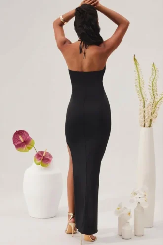 Robe longue à encolure dos nu et découpes Oceane, couleur noire